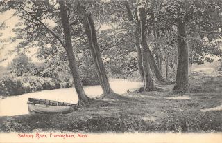 Framingham Massachusetts Sudbury River Rowboat Tied To Trees On Bank 1905 B&w Pc