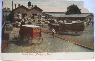 1910 Postcard " Cotton Gin,  Memphis Tenn " W/ Cotton,  Men,  Horse & Carts