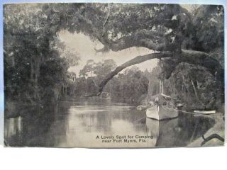 1910 Postcard Lovely Spot For Camping Near Fort Myers Fl,  Boat