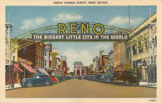 Reno,  Nevada Nv North Virginia Street Scene Arch 1940s Cars Linen Postcard