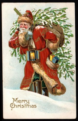 Vintage Christmas Postcard - Santa Carrying Tree And Sack