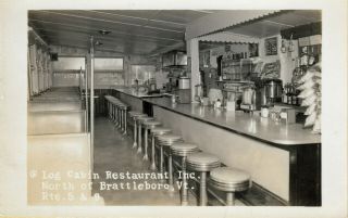 Brattleboro,  Vt Rppc Lunch Counter In The Log Cabin Restaurant C1950