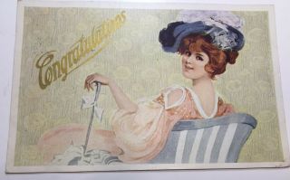 Vintage Greeting Postcard Victorian Lady In Chair,  Hat,  Posted 1909