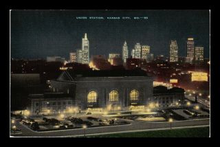 Dr Jim Stamps Us Union Station Night View Kansas City Missouri Postcard