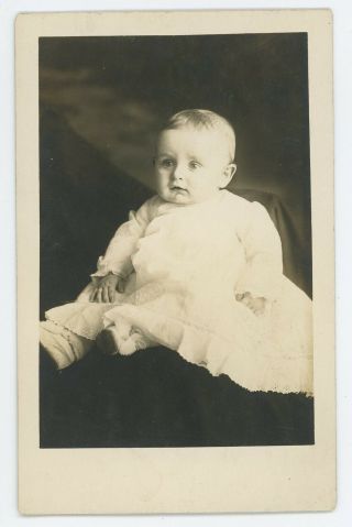 Rppc Portrait Cute Baby Girl Posing In White Dress Vintage Real Photo Postcard