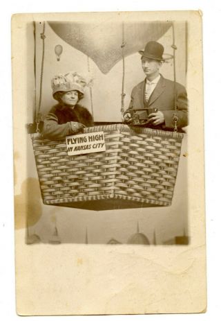 Rppc Studio Photo Couple In Basket Of Hot Air Balloon Kansas City Missouri 1911