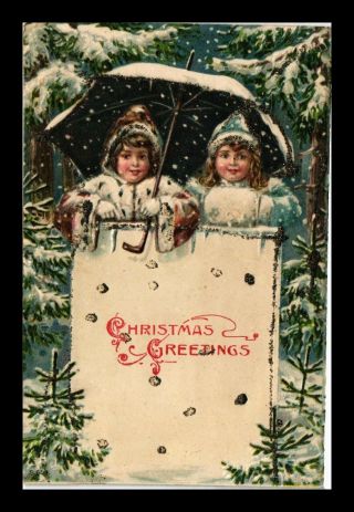 Dr Jim Stamps Us Little Girls Snow Glittered Christmas Holiday Postcard