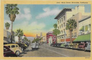 Postcard Riverside California/ca Main Street Business Storefronts 1940 