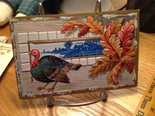 Vintage Thanksgiving Postcard Turkey Below Blue White Tile House Fence River Pic
