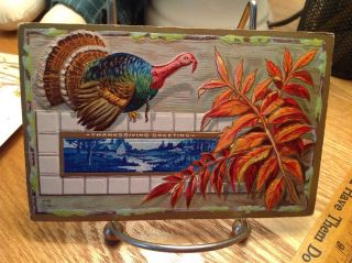 Vintage Thanksgiving Postcard Turkey Above Blue/white Tile River Picture
