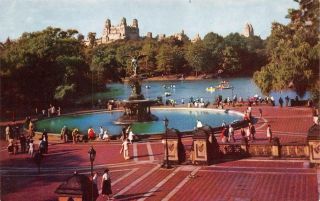 Ny,  York City Central Park Lake,  Boat,  Fountain & Mall C1950 