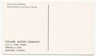 (102) 1960 Plymouth Fury 4 Door Hardtop Automobile Car Dealer Postcard 2