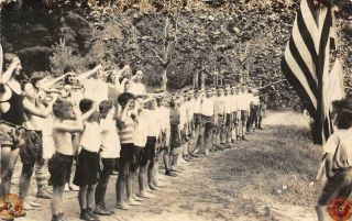 Rppc Summer Camp? Boy Scouts? Flag Salute Real Photo Ca 1930s Vintage Postcard