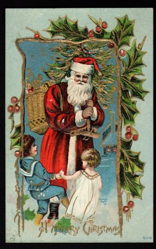 Vintage Christmas Postcard - Santa With Children - 504