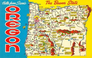 Oregon " The Beaver State " Map Ca 1960s Vintage Postcard