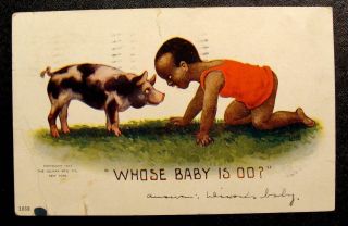 1907 Black American Postcard - " Whose Baby Is Oo? " Black Boy With Pig