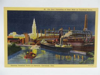 Vintage Postcard - Ore Boat At Steel Mills On Cuyahoga River,  Cleveland Oh