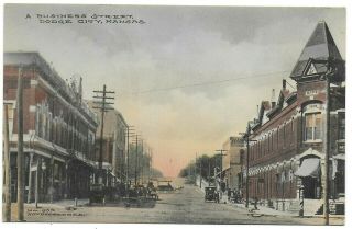 (3966) Hand Colored Fred Harvey Postcard Cars Downtown At Dodge City Kansas