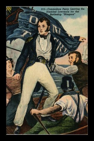 Dr Jim Stamps Us Commodore Perry Battle Of Lake Erie Linen Colortone Postcard