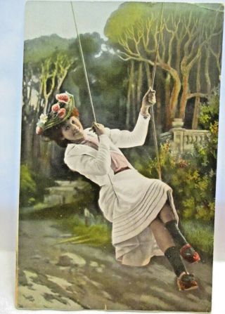 1908 Postcard Young Victorian Lady On Swing