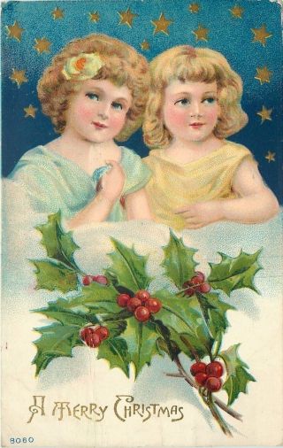 Christmas Angels Yellow Blue Girls Elbows On Clouds Blue Star Night Emboss 1911