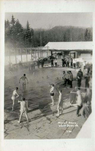 Mt.  Snow Ski Area,  Vt Rppc Swimming In The Heated Pool In The Winter C1950
