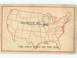 Divided - Back Town Marked On Usa Map On Postcard Rochelle Illinois Il E9904