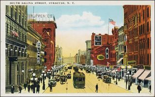 Main Street: South Salina St,  Trolley,  Stores,  People,  Cars: Syracuse,  Ny.  1920s