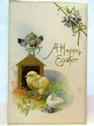 1910 Postcard Happy Easter Embossed Baby Chicks At Shed