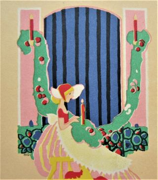 Volland Old - Fashioned Girl Art Deco Christmas Candles & Garland Postcard