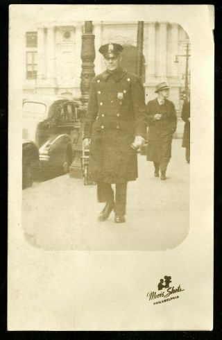 Vintage Real Photo Postcard Rppc Philadelphia Police Officer Street Scene 1939