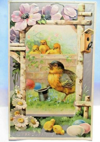 1910 Postcard Easter Greetings,  Chick With Top Hat & Eggs,  Chicks At Wall
