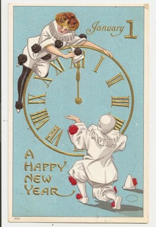 Clock,  Clown Pierrot Mime Happy Year,  Julius Bien Series 550 Emboss Postcard