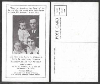 Old Postcard - Missionary Family - Dakar French West Africa,  Cherryvale Kansas