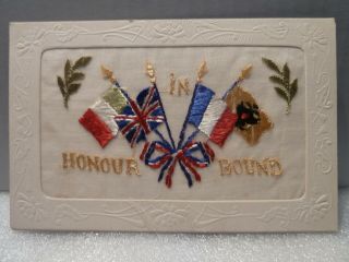 Wwi Silk Embroidery Post Card In Honour Bound