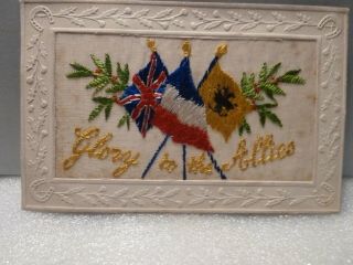 Wwi Silk Embroidery Post Card Glory To The Allies