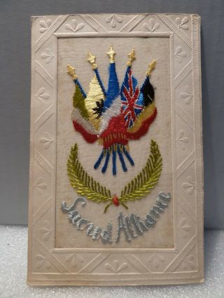 Wwi Silk Embroidery Post Card Sacred Alliance