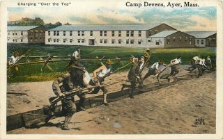 Massachusetts Postcard: Soldiers Charging Over The Top,  Camp Devens,  Ayer,  Mass.