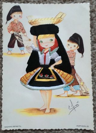 Old Postcard Embroidered Portugal Girl Nazare Infantil Portuguese