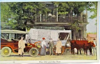 1910 Postcard Oregon Trail - The Old And The,  Car & Wagon At St George Hotel