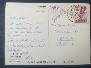 Air Mail Postcard Taiwan To Sweden 1968 Mandarin Hotel Taipei Car China