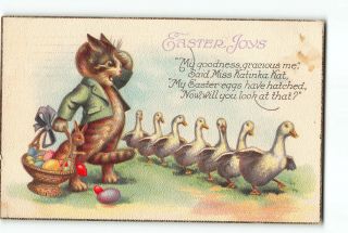 Easter Joy Postcard 1923 Anthropomorphic Cat Holding Basket Of Eggs Line Geese