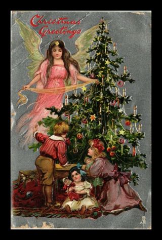 Us Postcard Christmas Greetings Angel Helps Children Decorate Tree Embossed