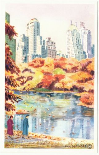 Central Park Pond And Hotels Nyc By Van Der Hope Postcard 1930s - 1940s