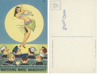 Comic Wwii Postcard Navy Sailors Watching Navel Maneuvers Linen