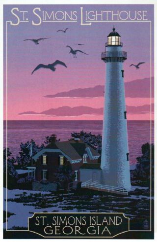 St.  Simons Island Lighthouse Georgia,  Ga Light,  Sunset,  Seagulls Modern Postcard