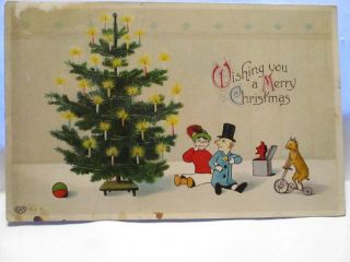 1910 Postcard Wishing You A Merry Christmas,  Toys By Christmas Tree