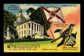 Us Linen Postcard Greetings From Florida State Capitol Flag Bird Song And Flower