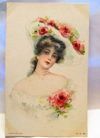 1910 Postcard Victorian Lady In Hat With Roses