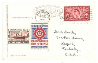Plymouth England Postcard Coronation Year Polio Ile De France Ship,  Stamp Cover